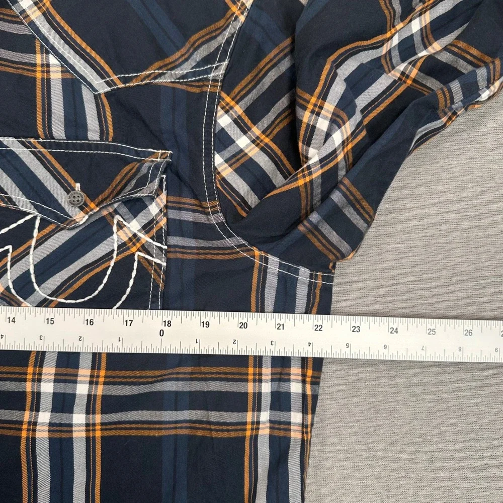 True Religion Western Pearl Snap Shirt Mens Large Plaid Navy Orange Horseshoe